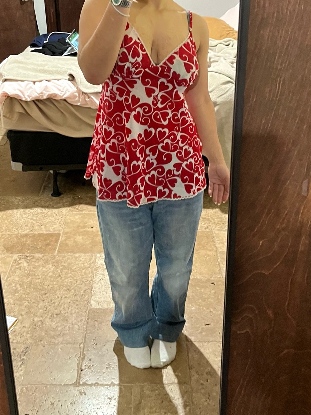 Red Heart Print Babydoll Tie Back Cami Top Y2K Style